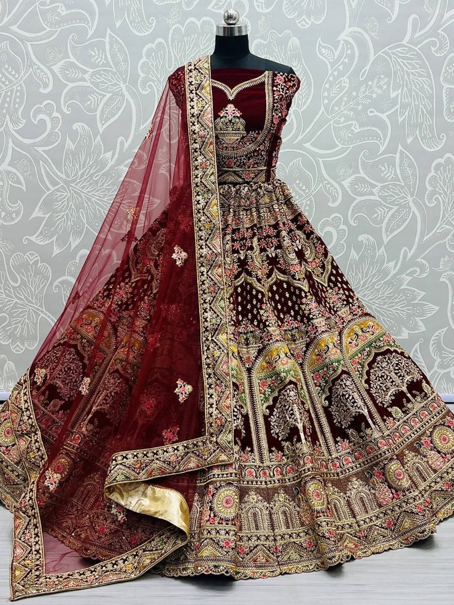 Brilliant Dark Maroon Velvet Heavy Embroidered For Bridal Wear Lehenga Choli