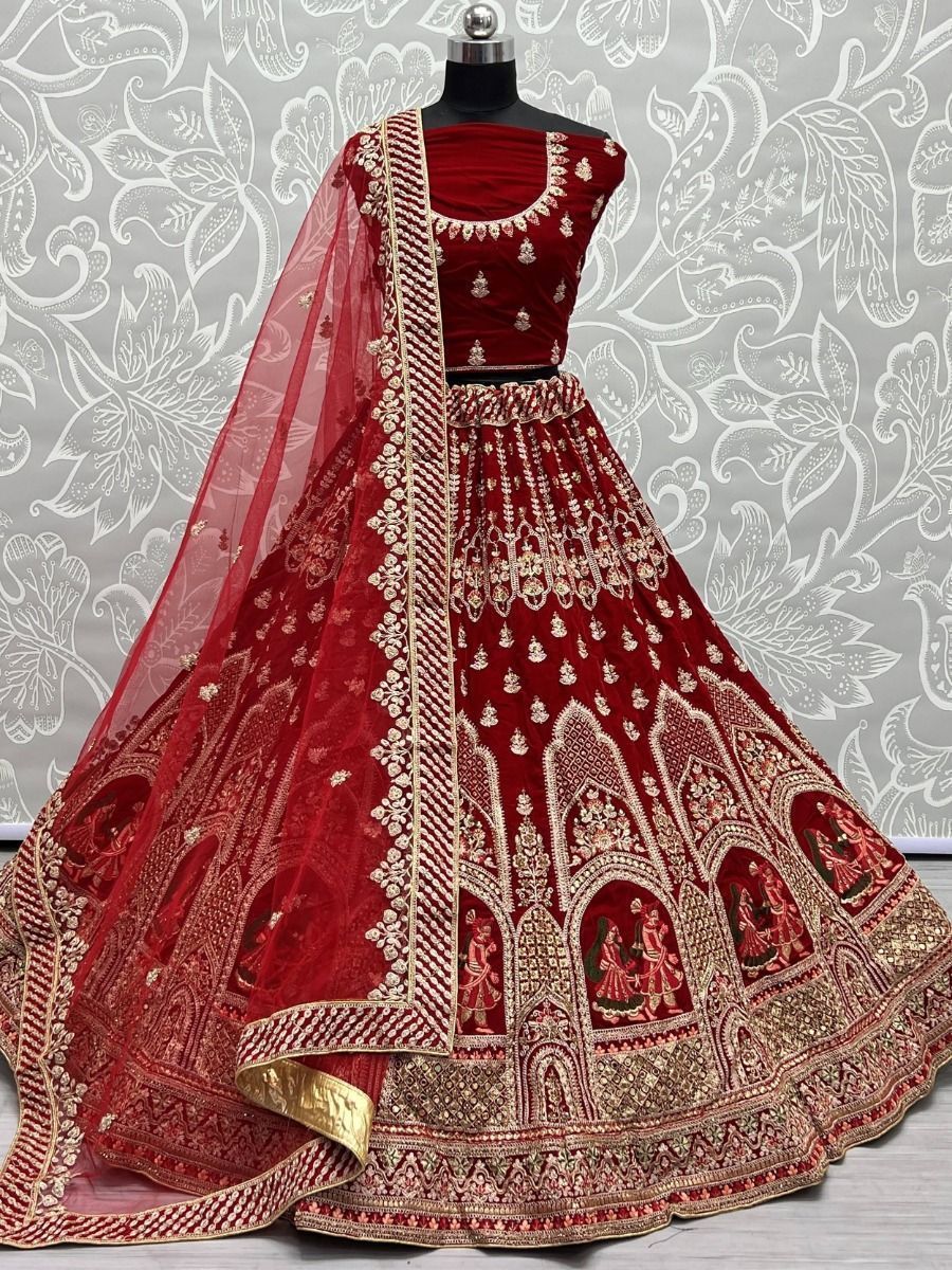 Sensational Ruby Red Zari Work Velvet Bridal Lehenga Choli 
