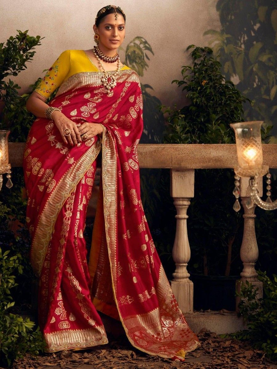 Fascinating Red Zari Weaving Dola Silk Traditional Saree With Blouse