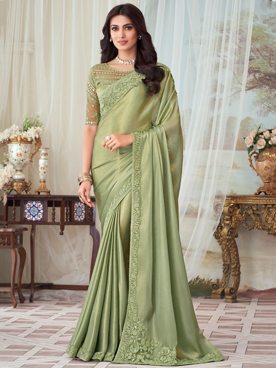 Irresistible Pastel Green Thread Embroidery Silk Festival Wear Saree
