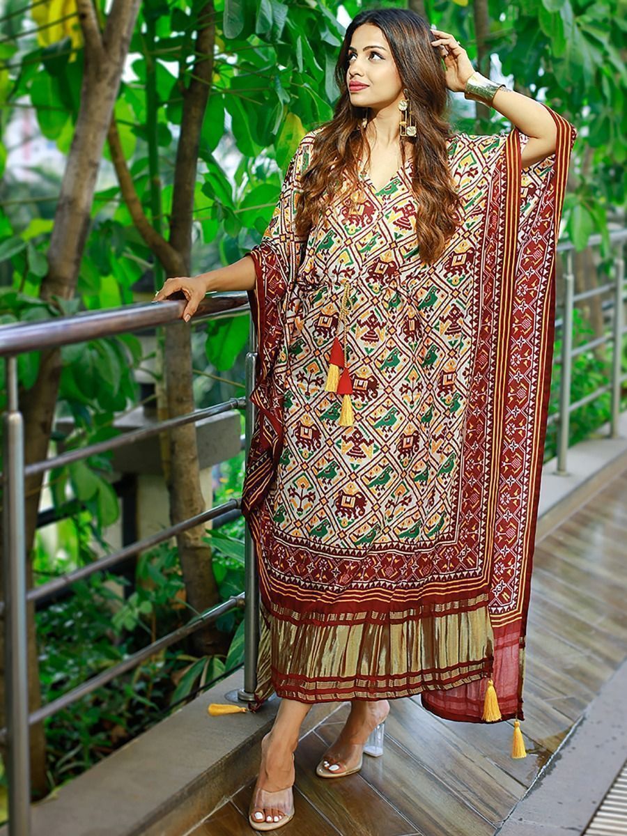 statuesque Maroon Patola Printed Gaji Silk Festival Wear Readymade Kaftan 