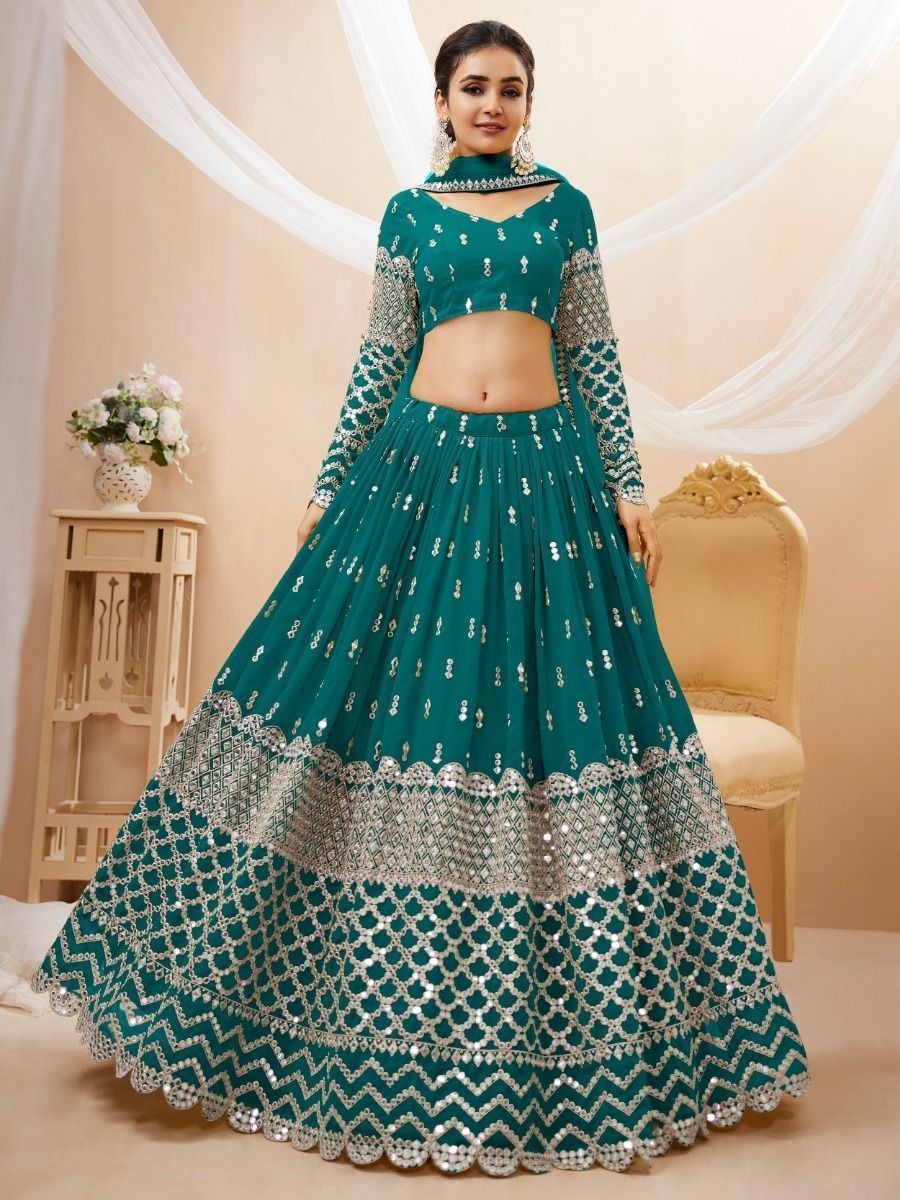 Spectacular Teal Blue Zari Work Georgette Wedding Wear Lehenga Choli