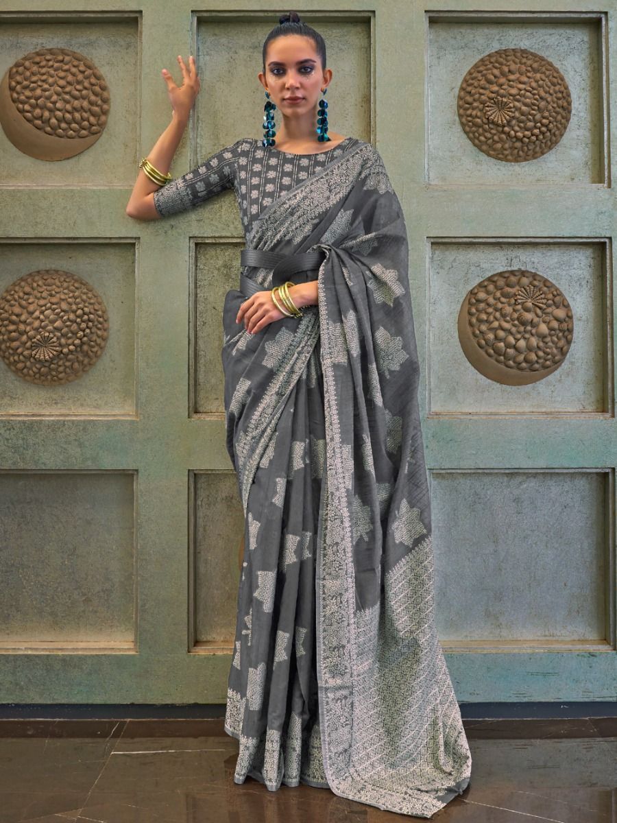 Fabulous Grey Chickankari Lucknowi Weaving Silk Saree