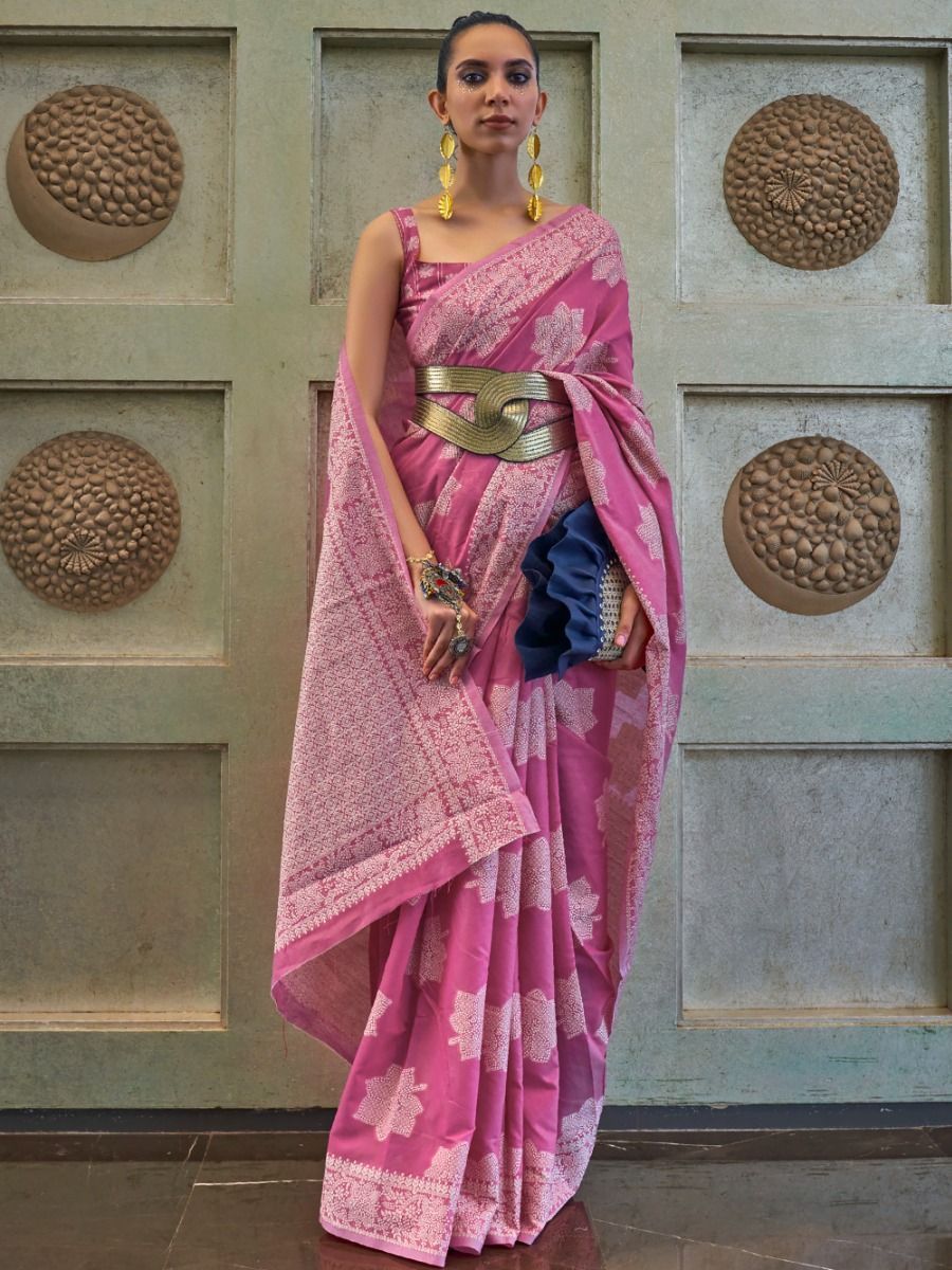 Attractive Pink Chickankari Lucknowi Weaving Silk Saree