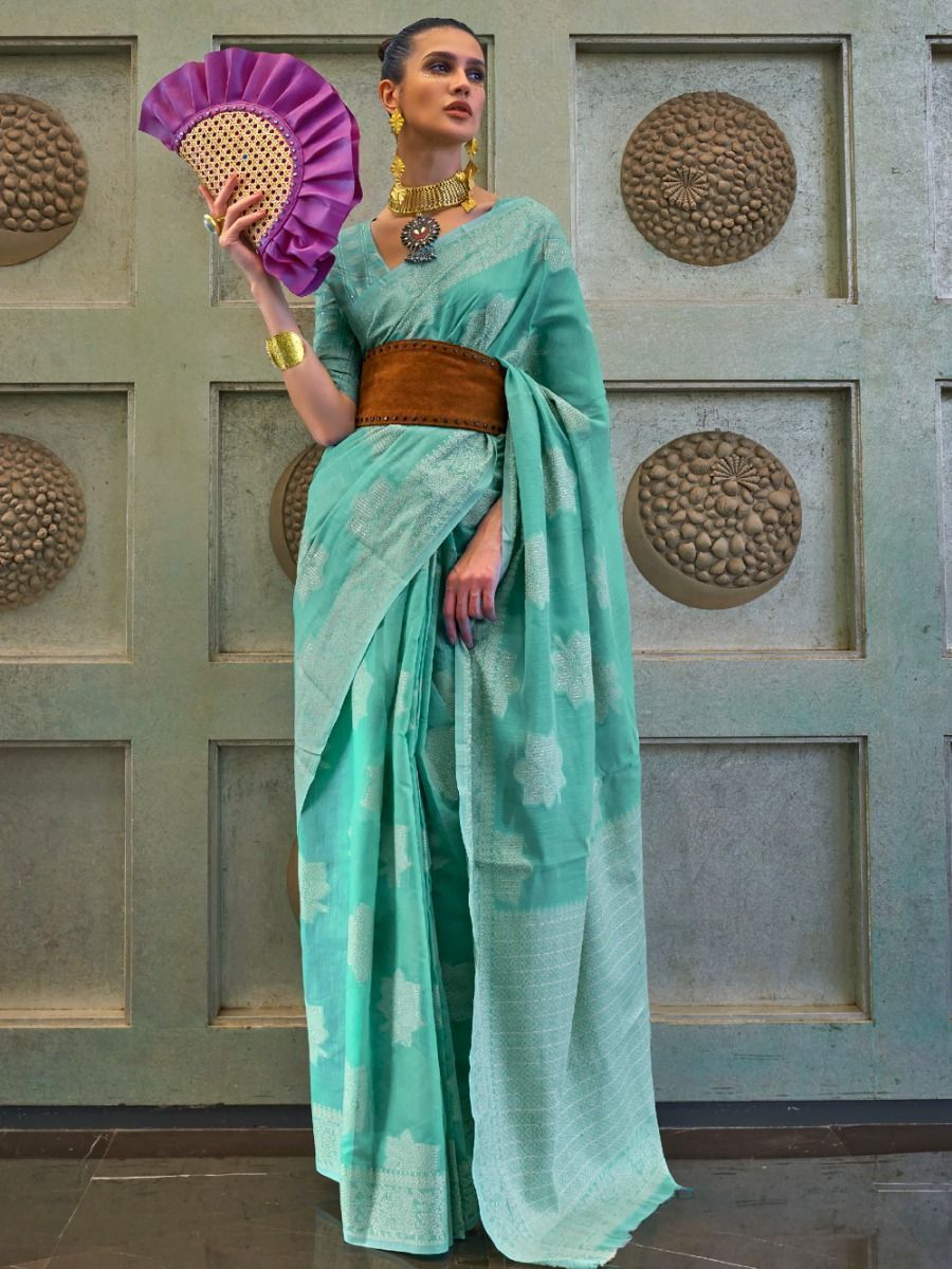 Gorgeous Sky-Blue Chickankari Lucknowi Weaving Silk Saree