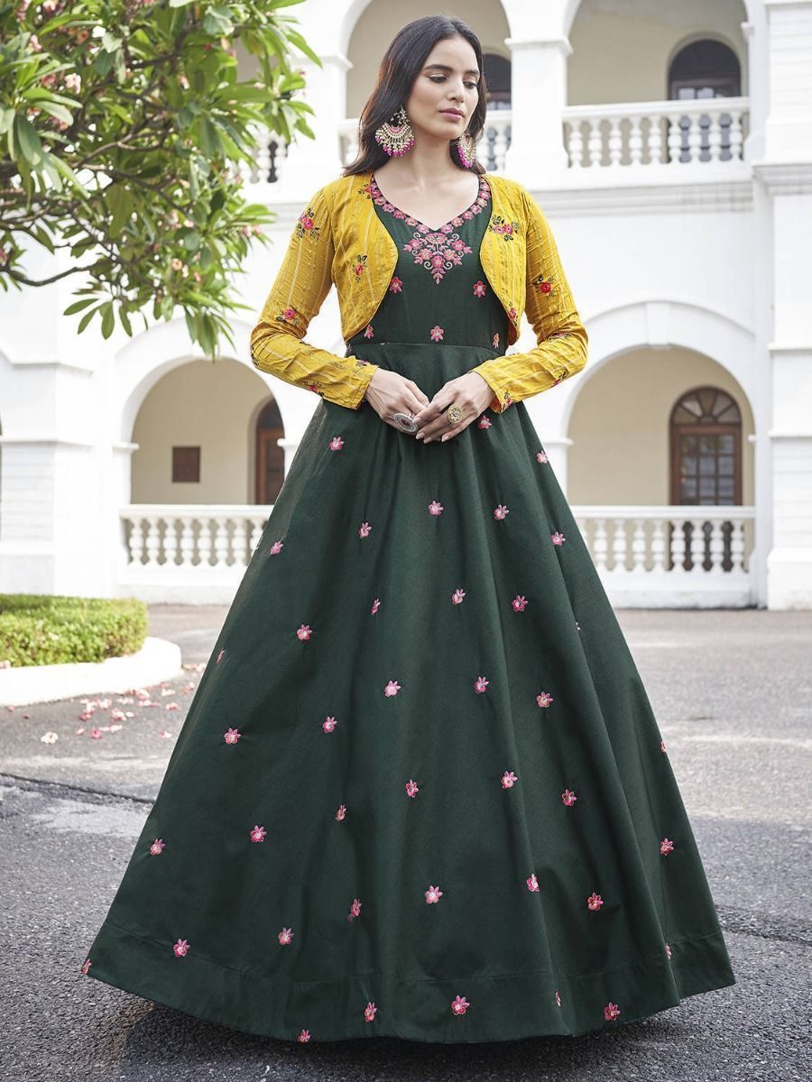 Awesome Green Cotton Embroidered Party Wear Flare Gown With Koti 