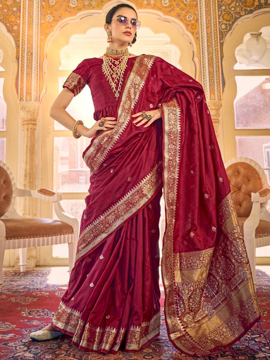 Marvelous Maroon Zari Weaving Satin Wedding Wear Saree With Blouse