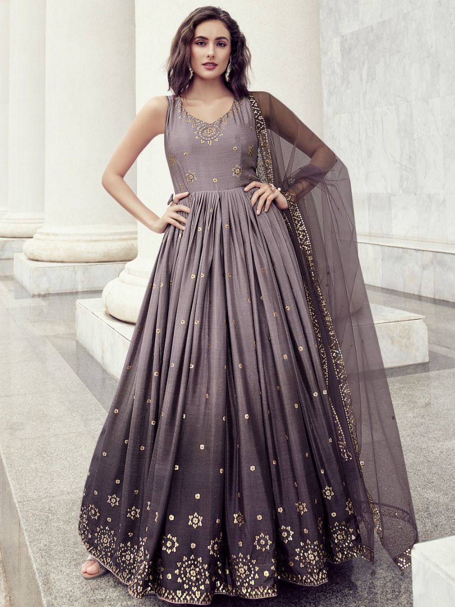 Desirable Dusty Purple Embroidered Engagement Wear Chinon Gown
