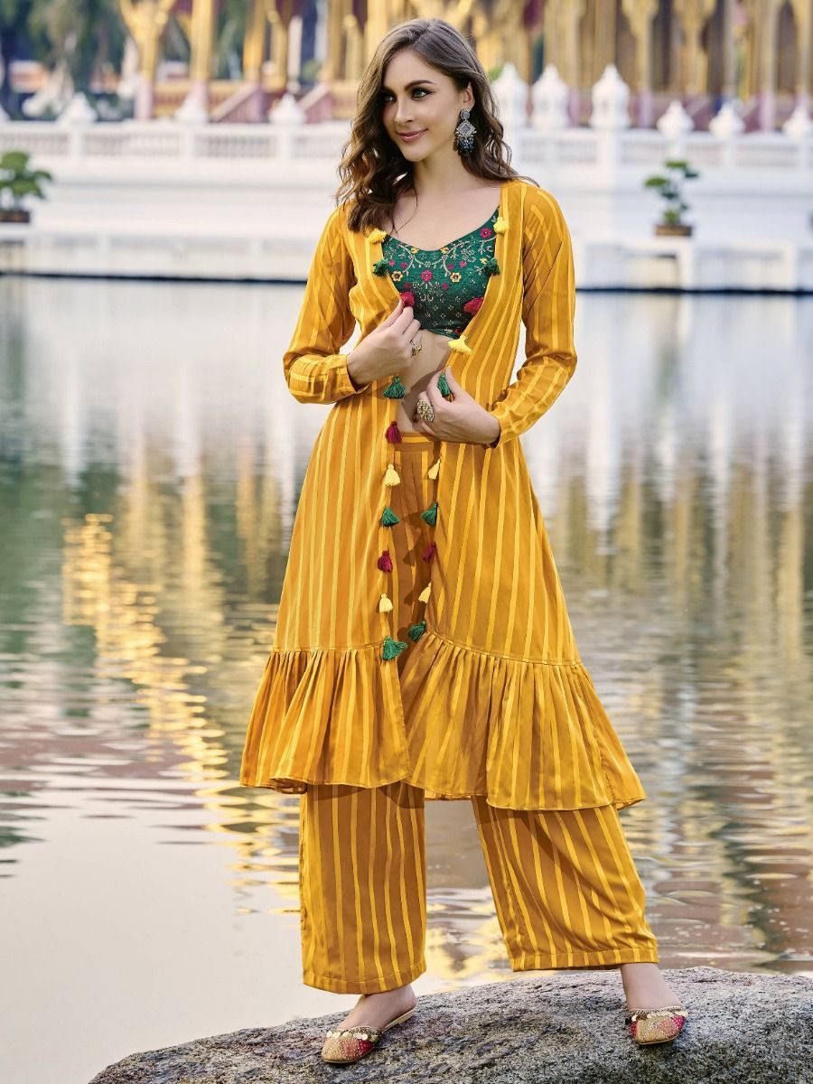 Amazing Yellow Green Georgette Embroidered Palazzo Top With Shrug