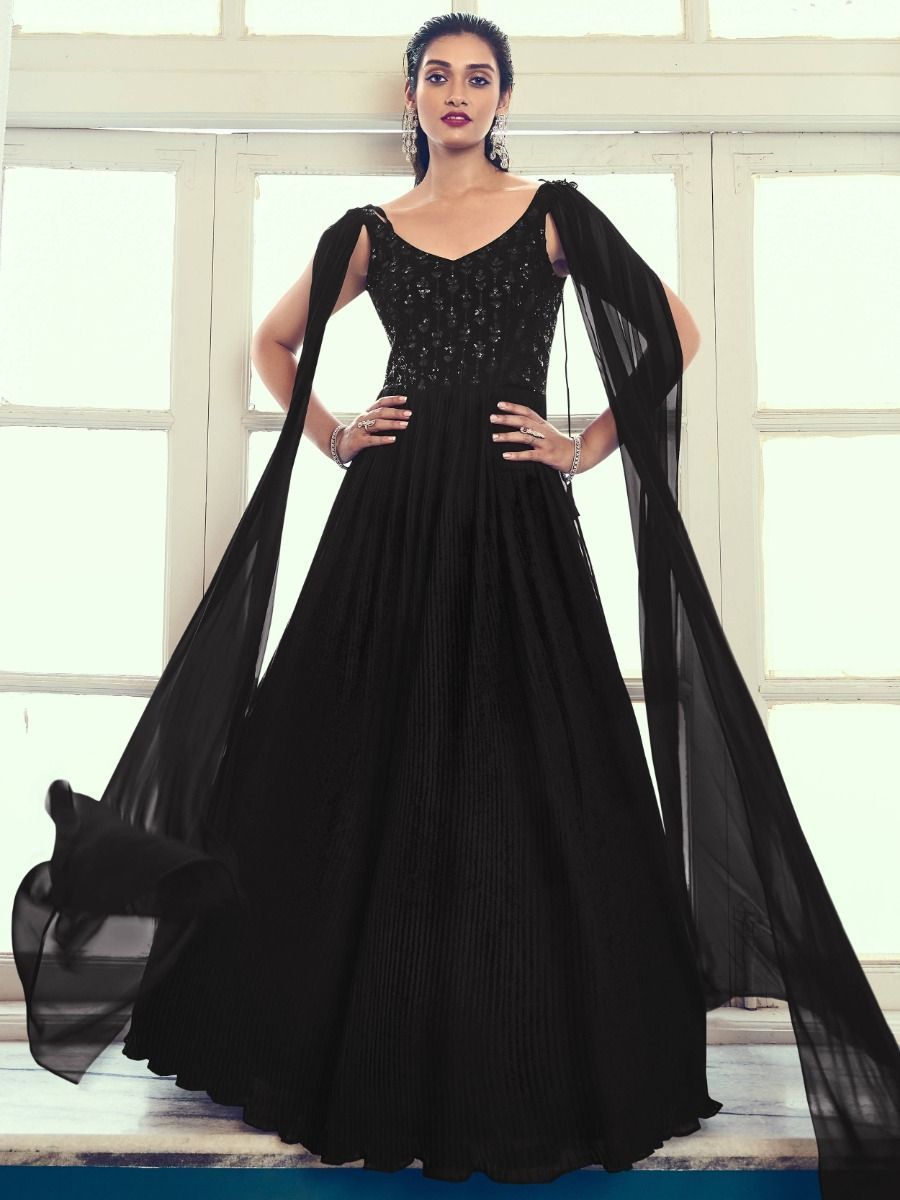 Capricious Black Sequins Work Georgette Ready-Made Party Wear Gown