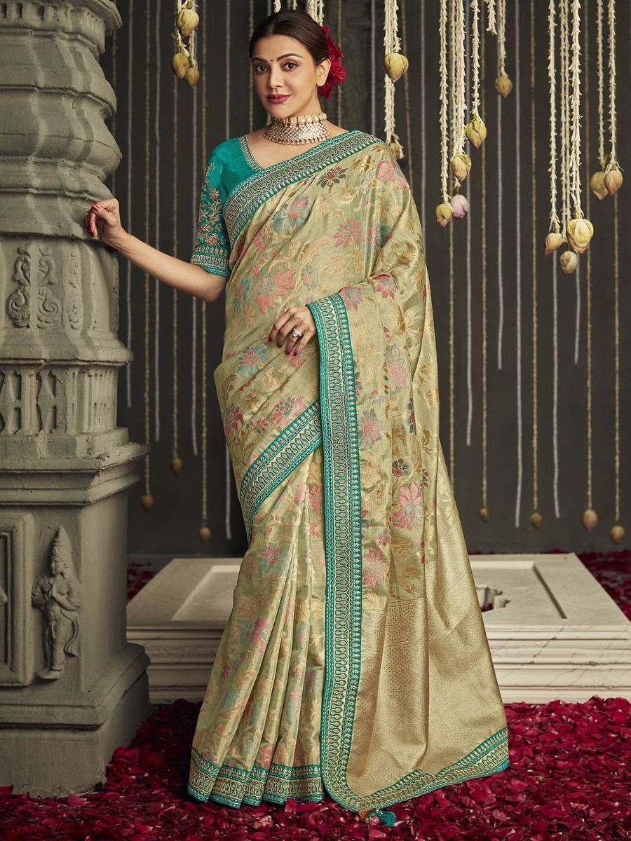 Dazzling Beige Embroidered Weaving Reception Wear Saree With Choli