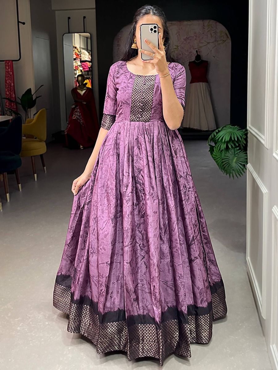 Charming Purple Shibori Printed Silk Ready To Wear Traditional Gown