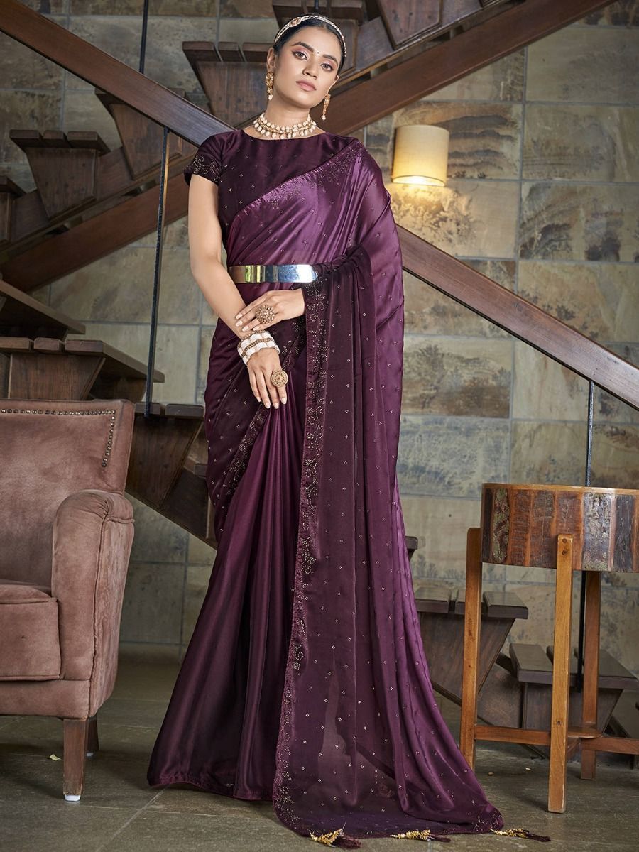 Engaging Purple Swaroski Diamond Silk Party Wear Saree And Blouse

