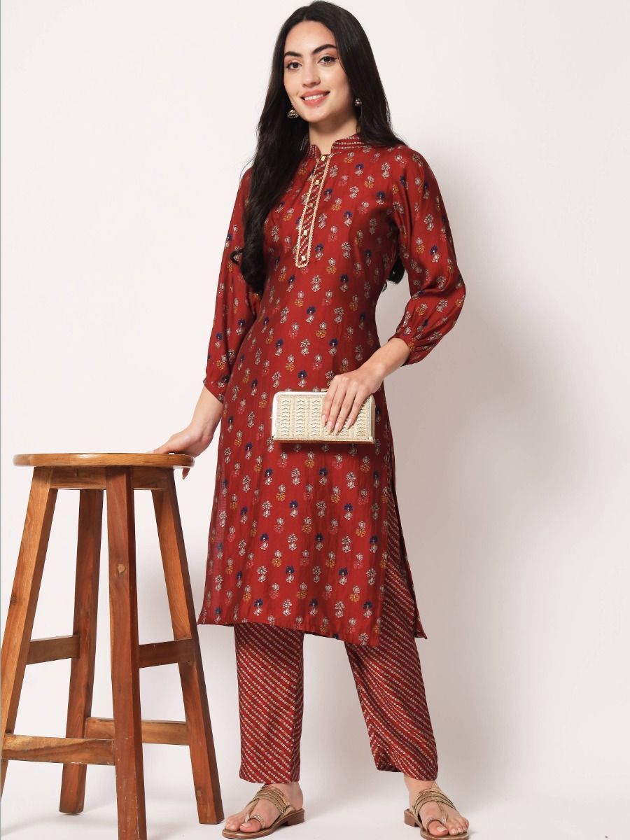 Red Foil-Printed Chanderi Readymade Casual Kurti-Pants Set