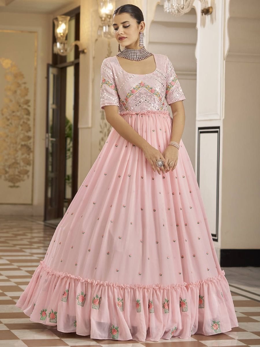 Buy Classic Pastel Pink Thread & Sequins Work Georgette Ruffle ...