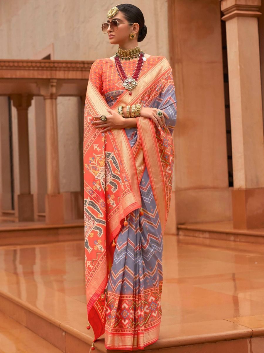Alluring Blue-Orange Patola Printed Silk Saree With Blouse
