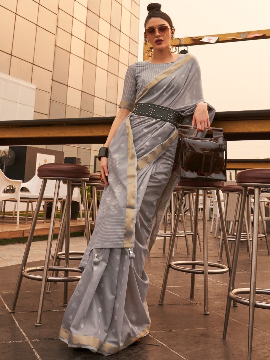 Grey Kanchipuram Silk Saree with Contrast Blouse - Monastoor- Indian  ethnical dress collections with more than 1500+ fashionable indian  traditional dresses and ethnical jewelleries.