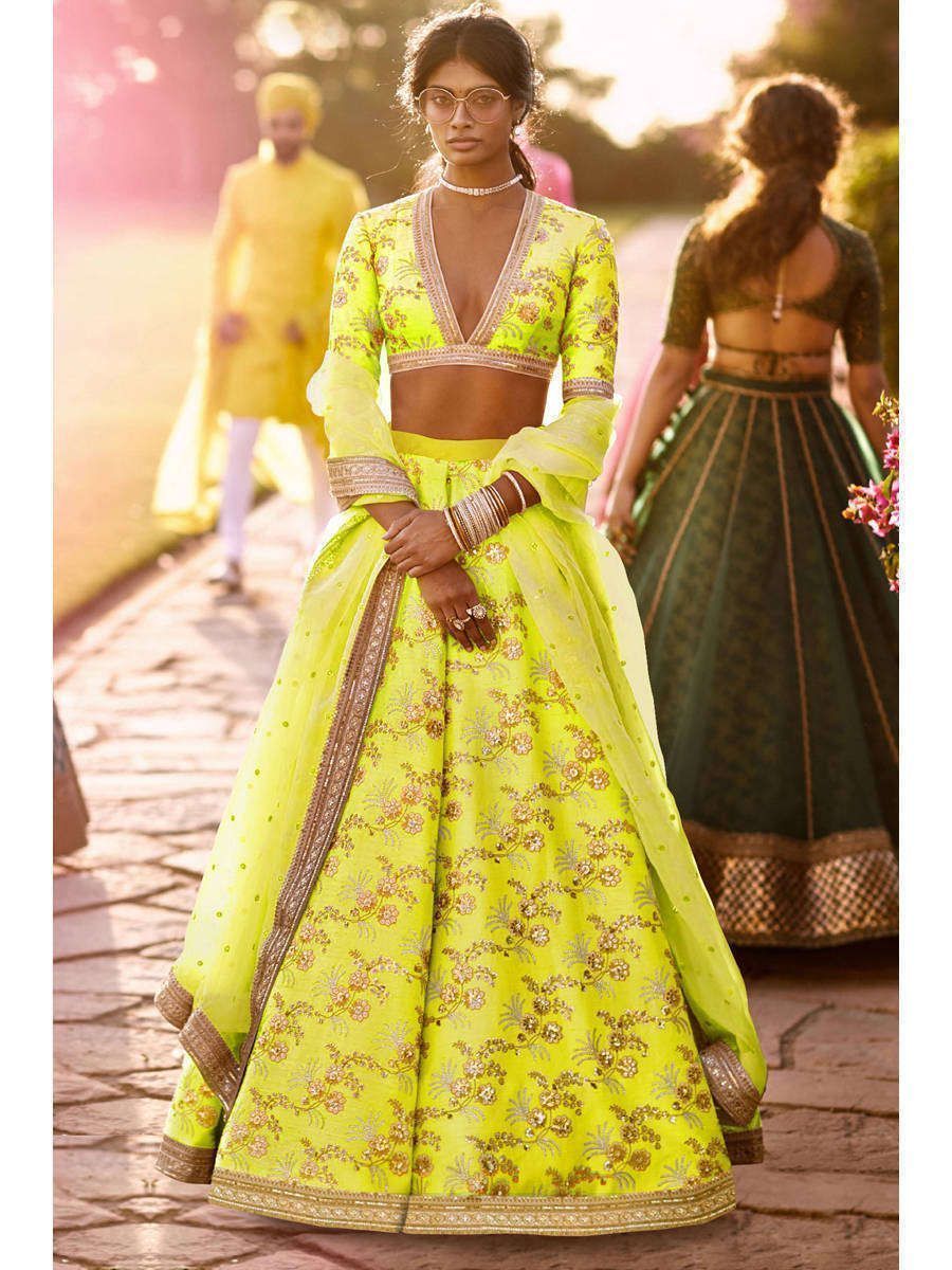Celebrity Style Allover Design With Neon Color Lengha Choli