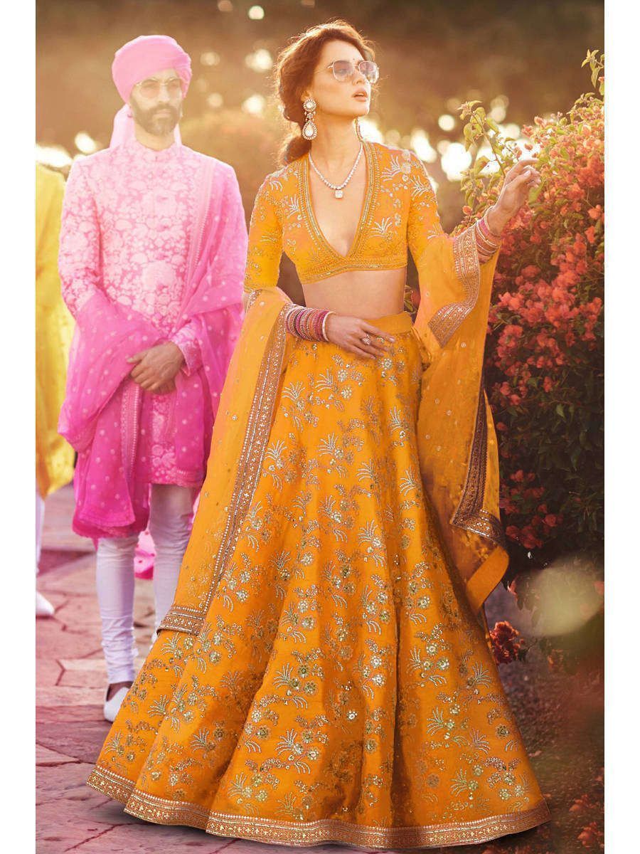 Celebrity Style Allover Design With Yellow Color Lengha Choli