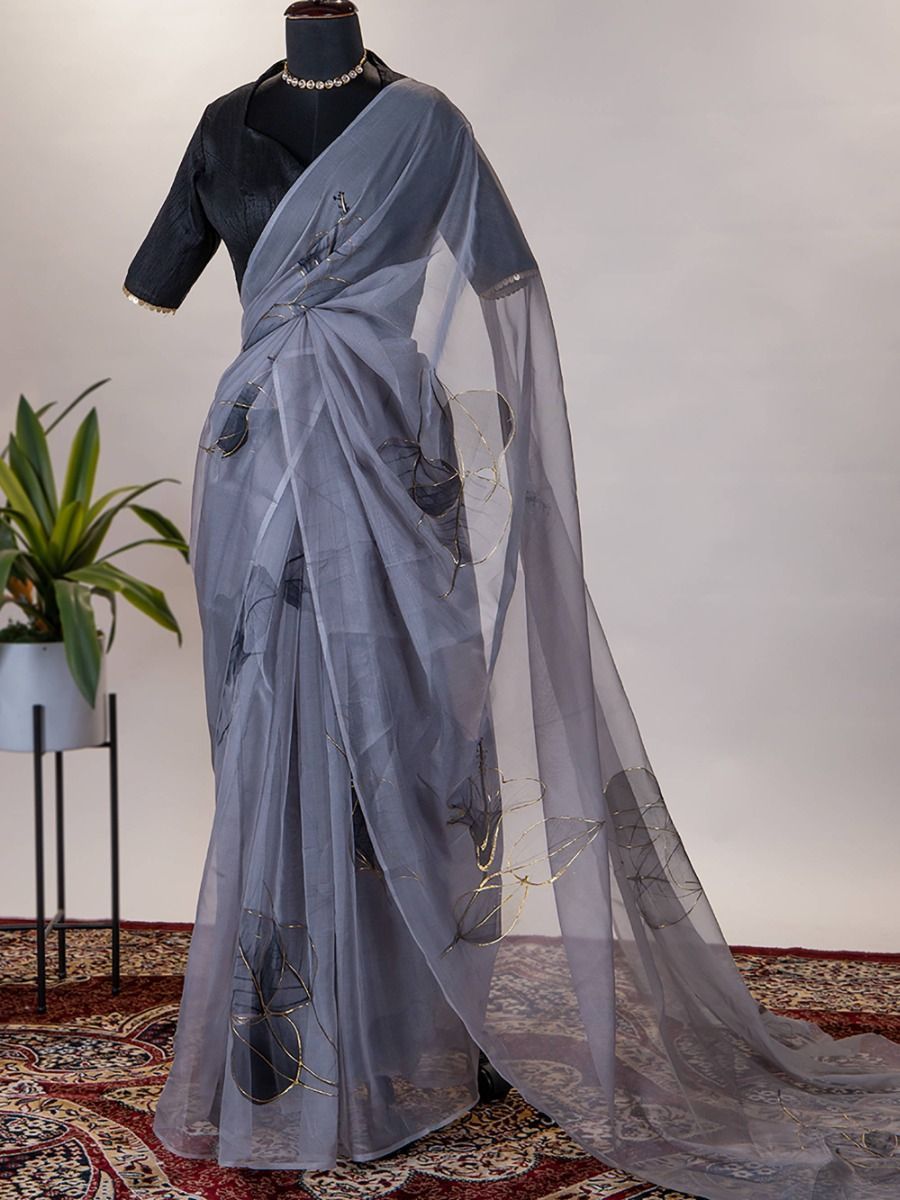 Spontaneous Grey Organza Floral Printed Saree With Blouse