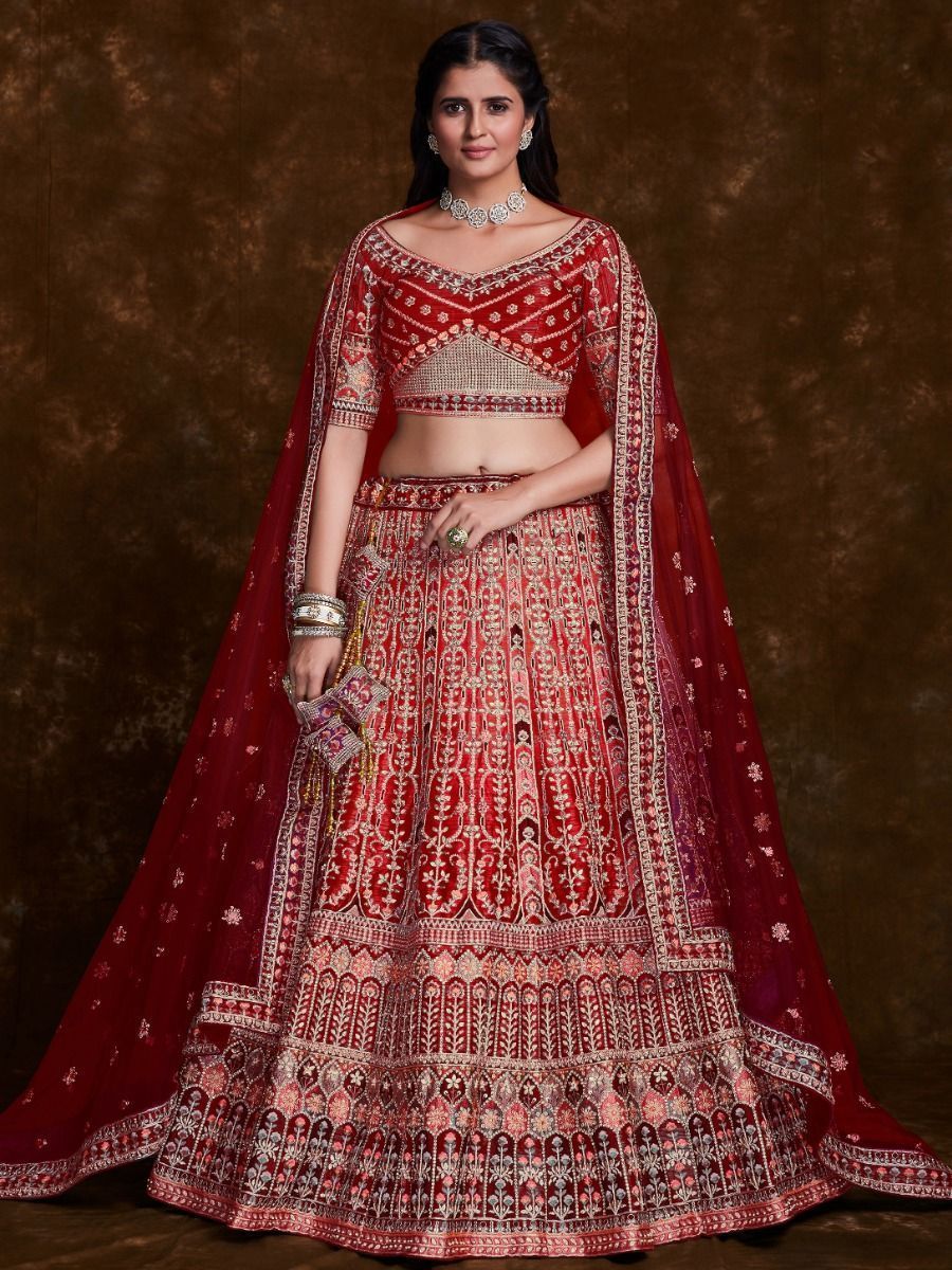 Stunning Red Embroidered Art Silk Bridal Lehenga Choli With Dupatta