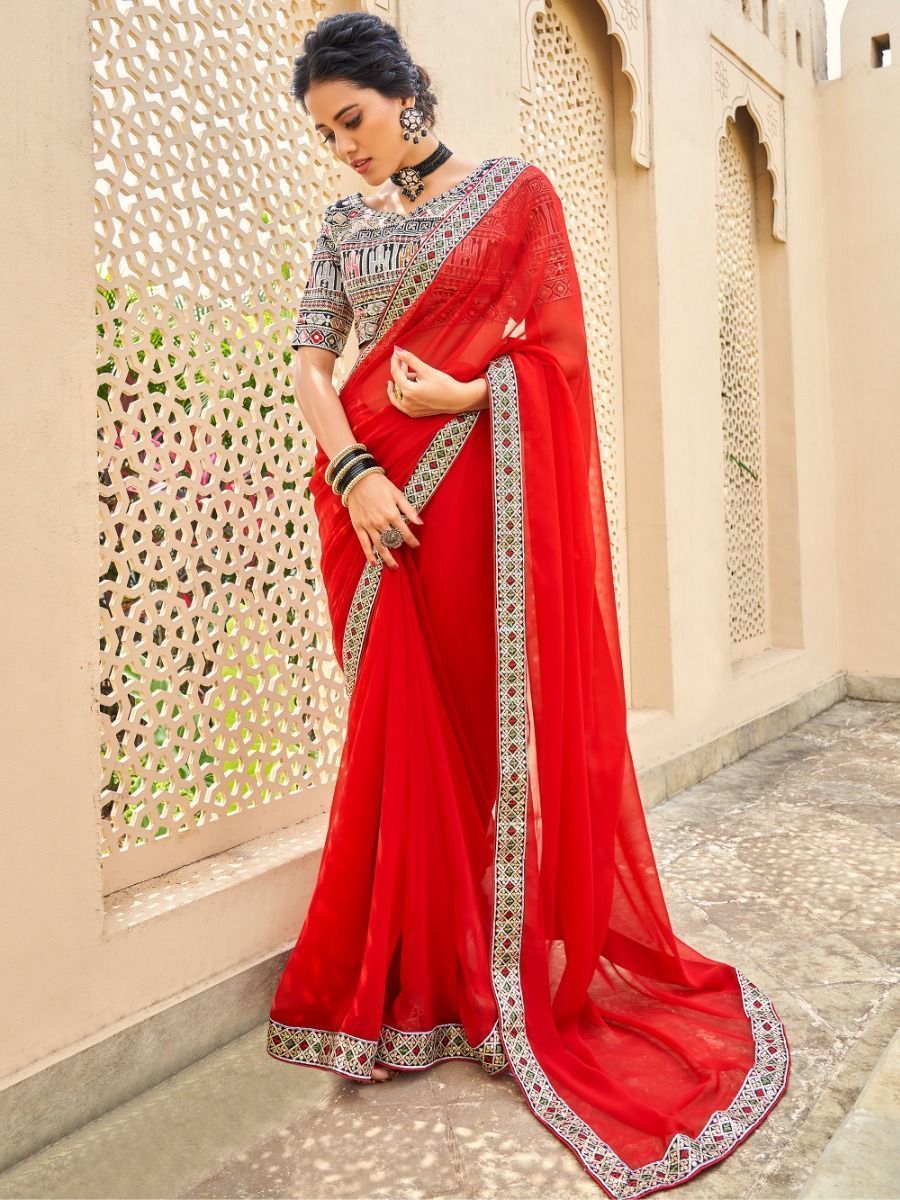 Buy Red Fancy Embroidery Georgette Saree At Ethnic Plus