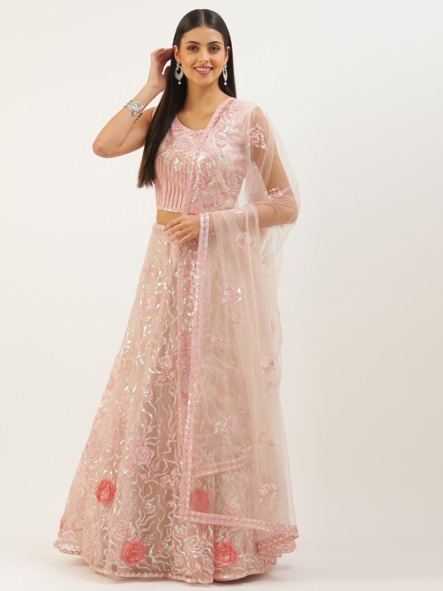 Attractive Pink Sequins Soft Net Party Wear Lehenga Choli