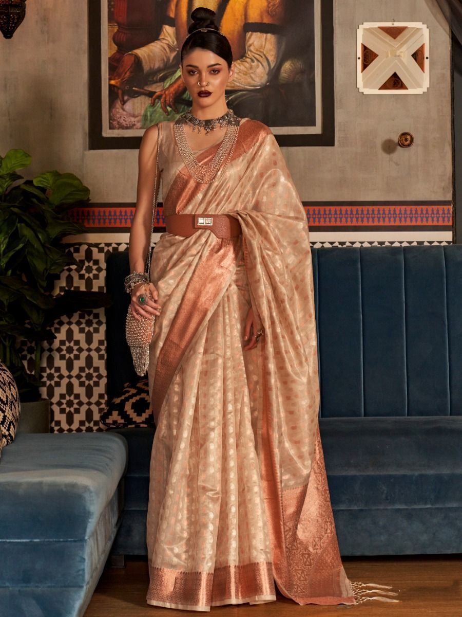 Marvelous Beige Zari Weaving Silk Traditional Saree With Blouse
