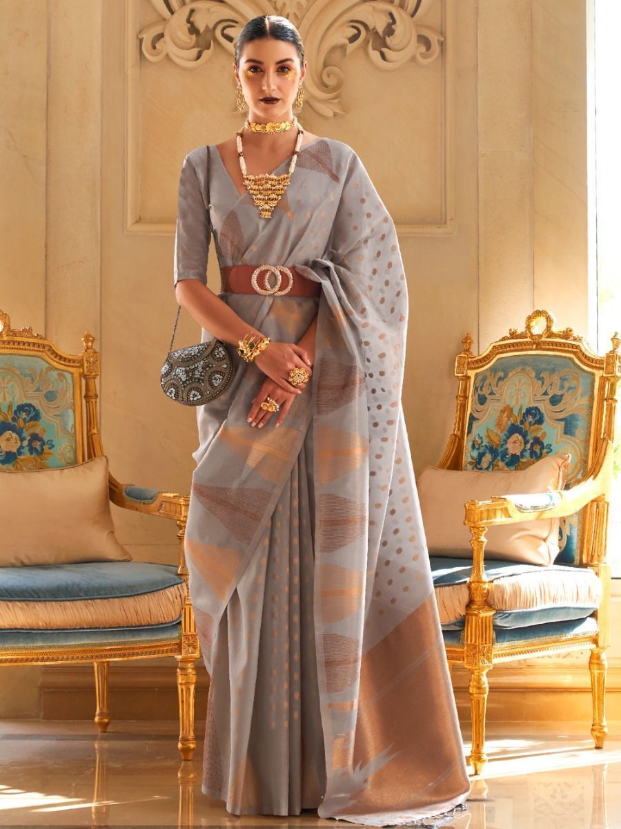 Charming Grey Tissue Zari Weaving Saree With Blouse