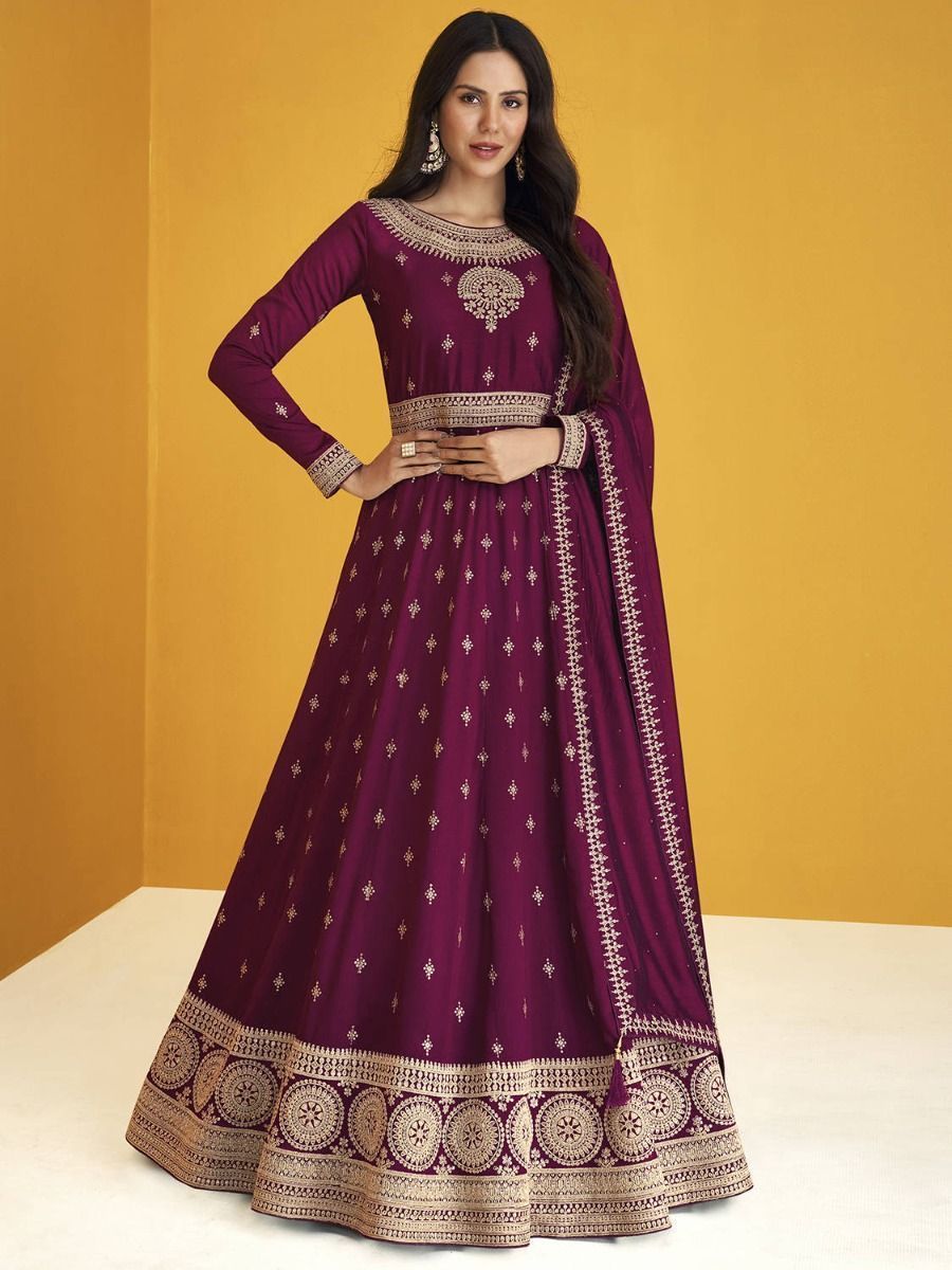 Attractive Purple Zari Work Silk Festive Flair Long Anarkali Gown
