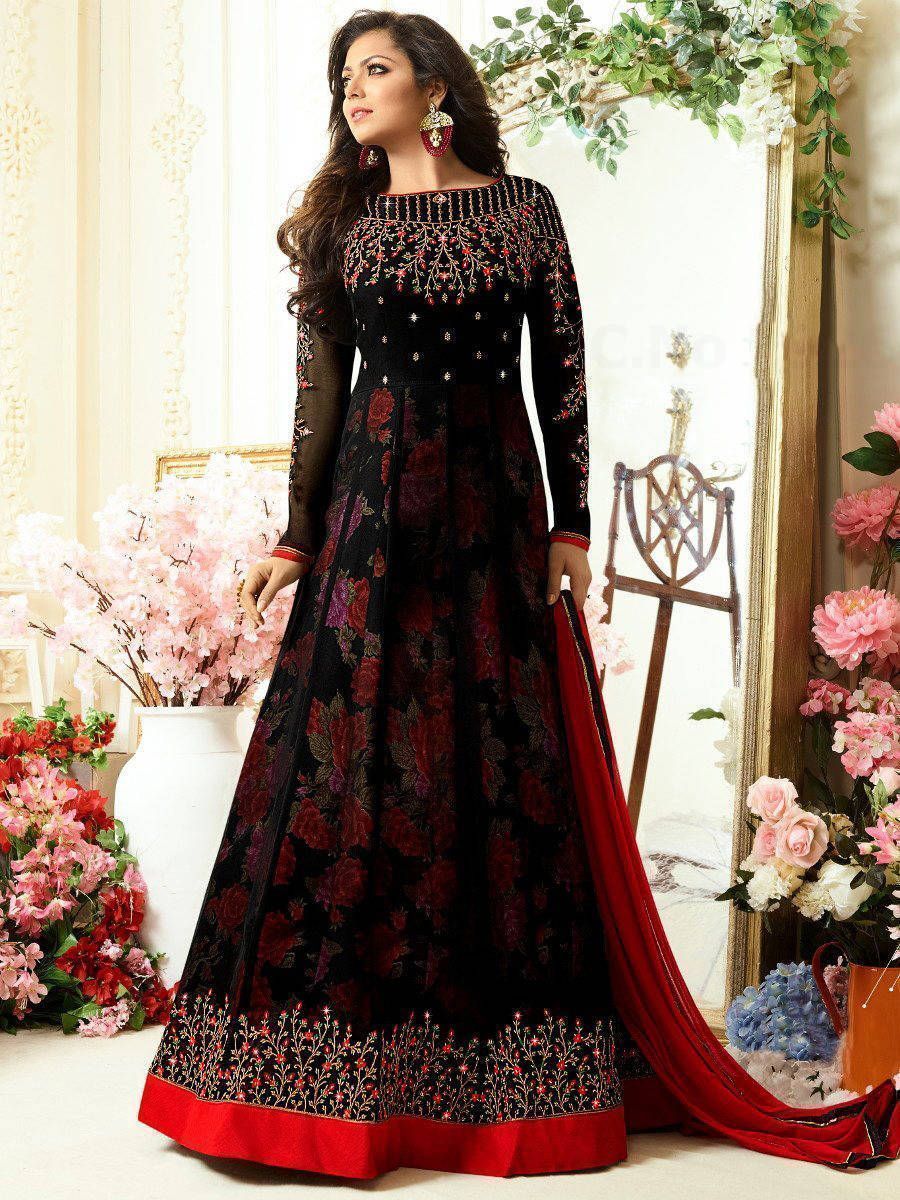 Party Wear Net Fabric Black Color Resham Embroidered Work Anarkali Suit