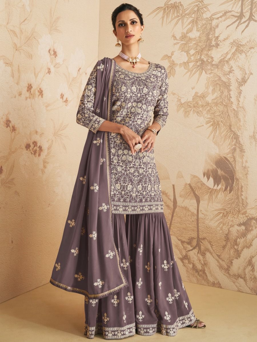 Desirable Dusty Purple Embroidered Georgette Ready-Made Sharara Suit