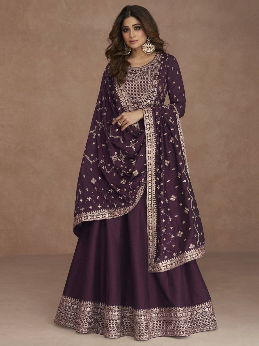Glamorous Wine Color Zari Embroidered Silk Party Wear Gown