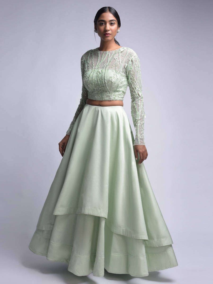 Green Embroidered Silk Two Layer Party Wear Crop Top Lehenga Choli 