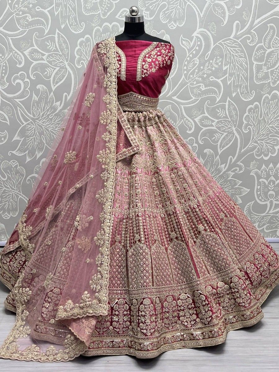 Amazing Pink Sequins Velvet Bridal Lehenga Choli With Double Dupatta 
