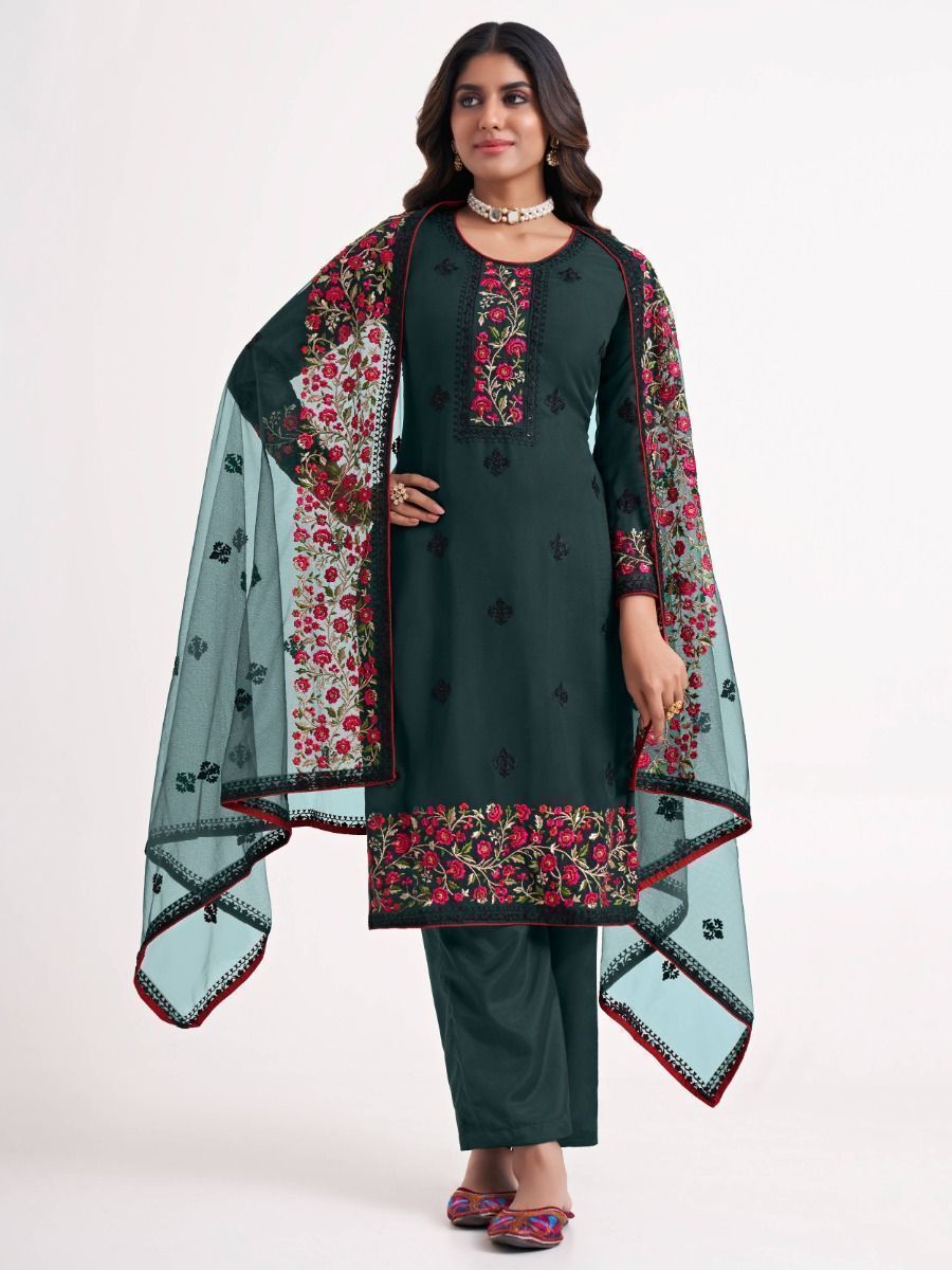 Gorgeous Green Floral Embroidered Georgette Fancy Salwar Suit
