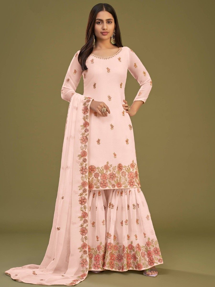 Glamorous Peach Embroidered Georgette Festival Wear Sharara Suit