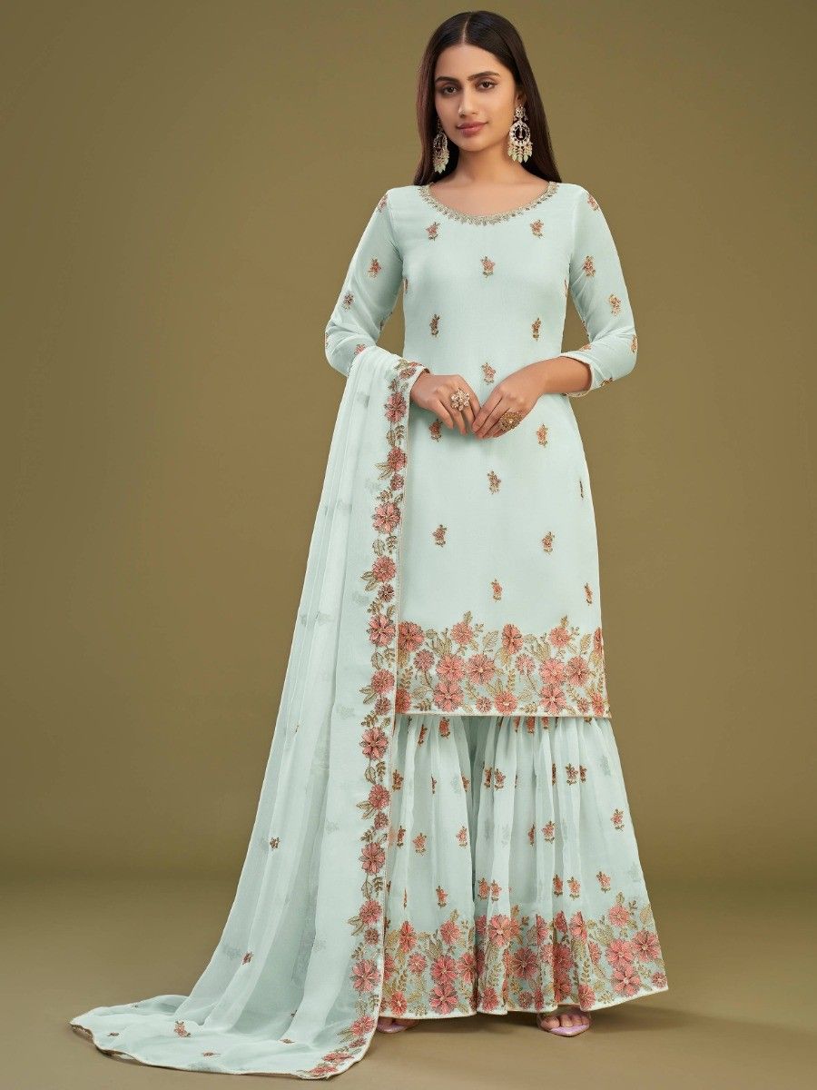 Enchanting Firozi Embroidered Georgette Reception Wear Sharara Suit

