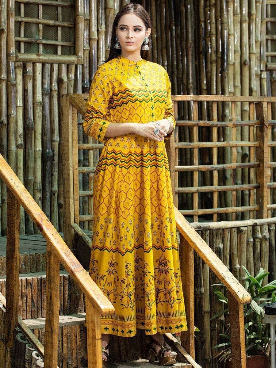 Yellow Printed Muslin Cotton Party Wear Gown (Default)