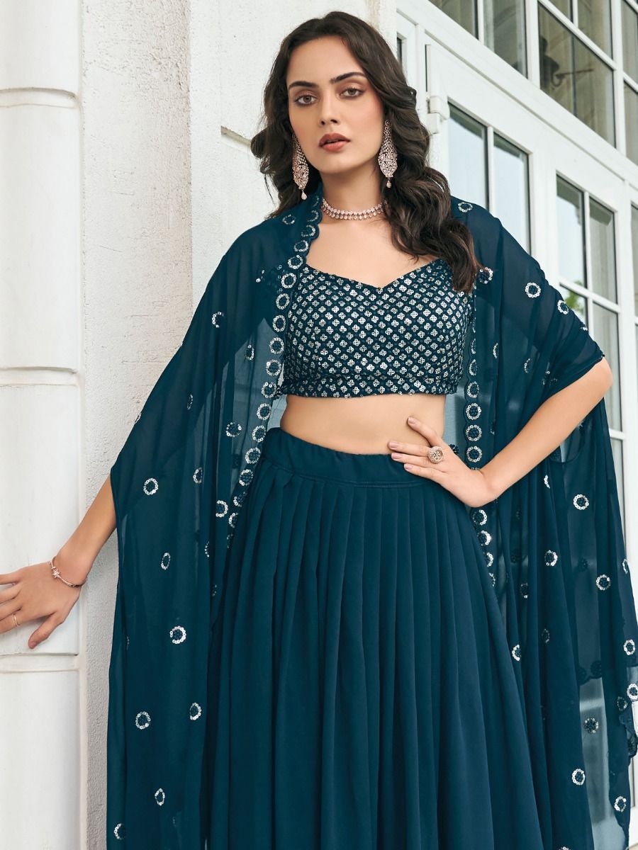 Buy Navy-Blue Embroidered Georgette Cocktail Wear Lehenga Choli with ...