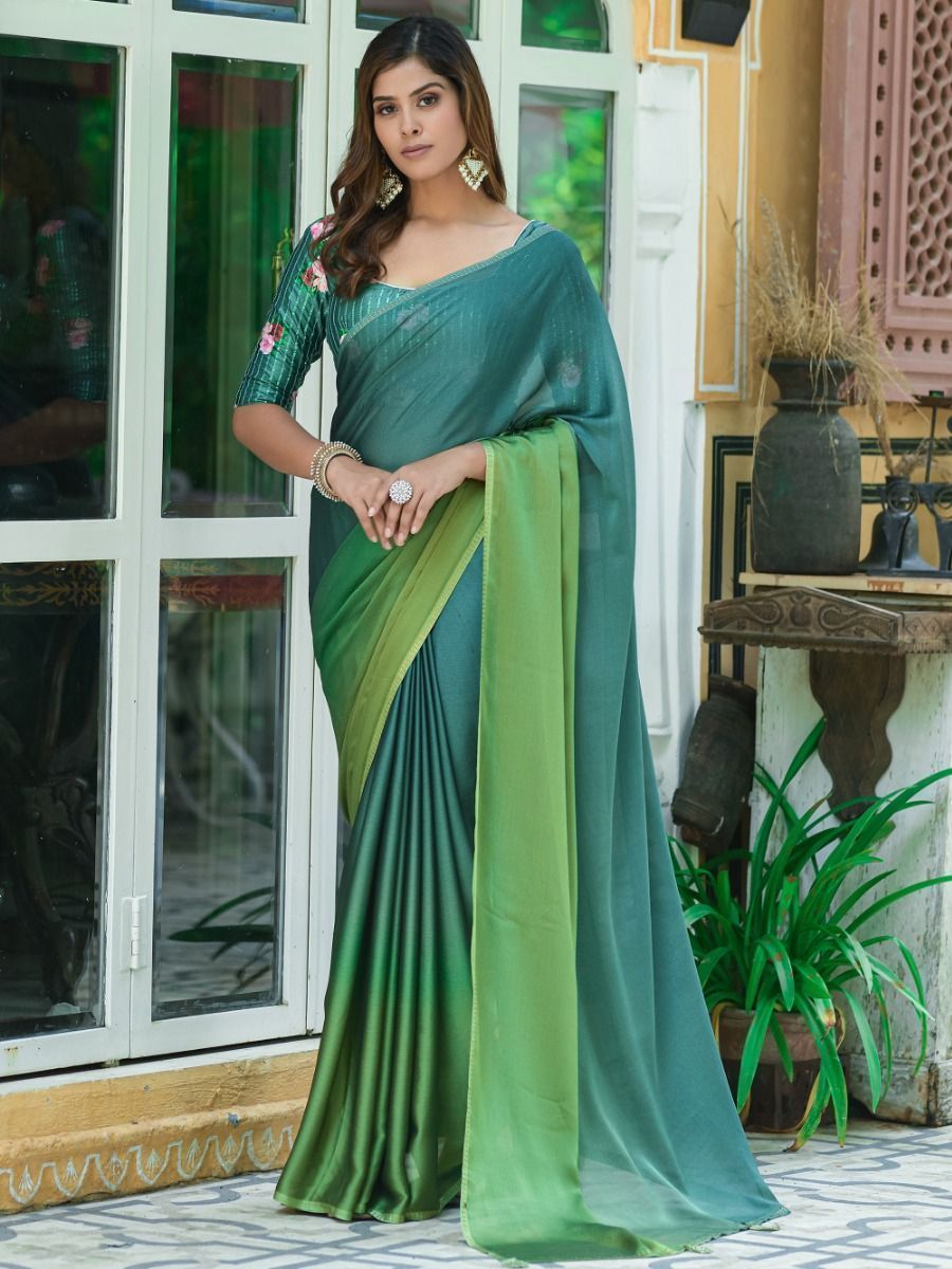 Buy Teal Blue And Green Satin Saree At Ethnic Plus
