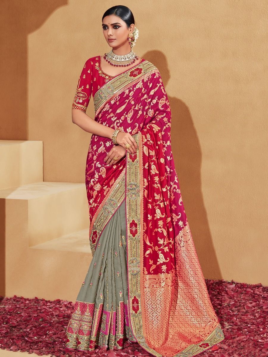 Indian Red Plain Velvet Saree With Zari Stone Work Lace Border – Fabcurate