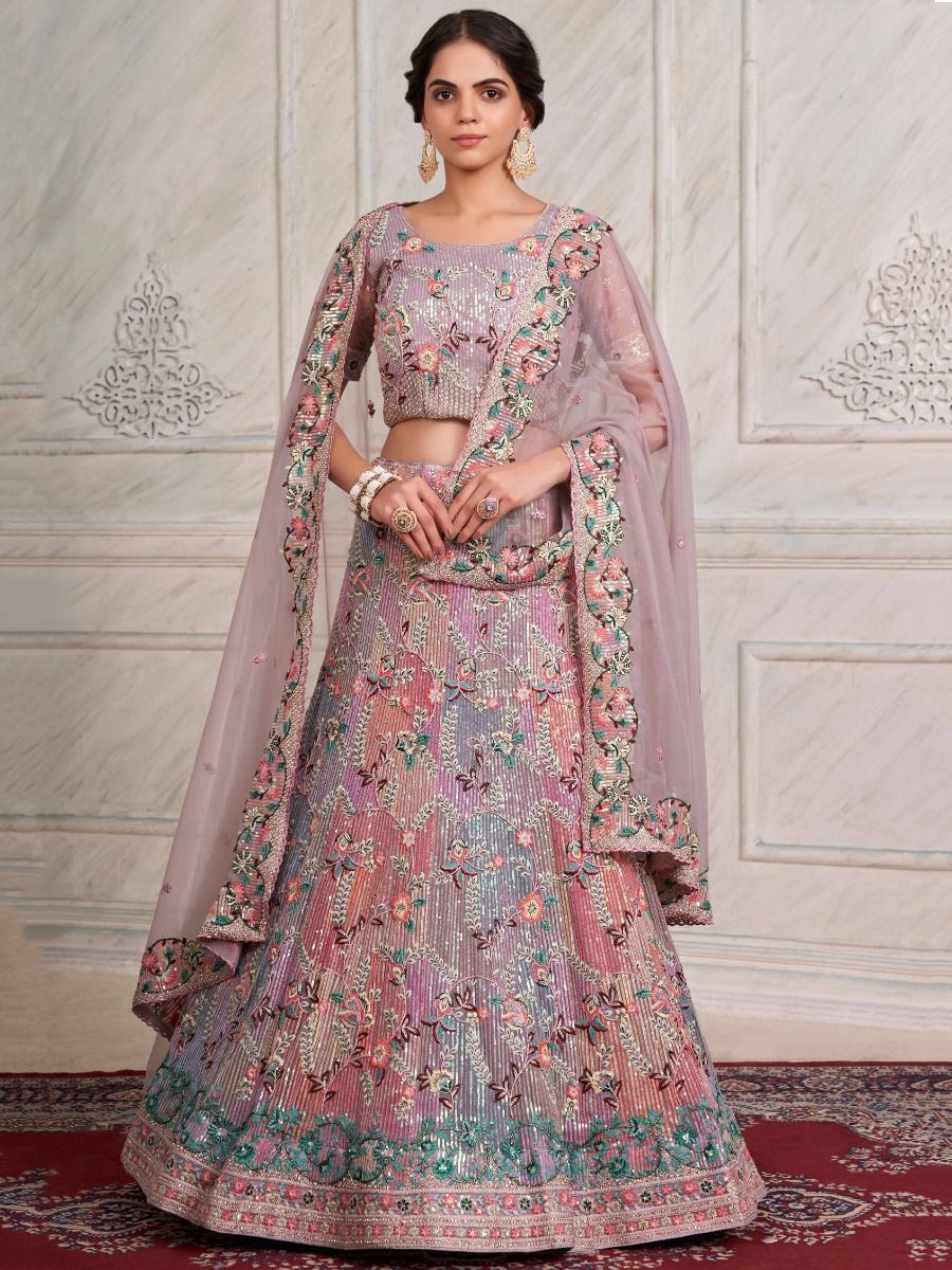 Hypnotic Lilac Sequined Embroidery Net Wedding Wear Lehenga Choli