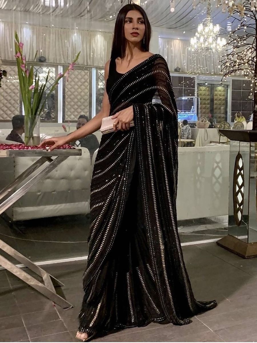Enthralling Black Sequined Work Georgette Cocktail Party Saree With Blouse