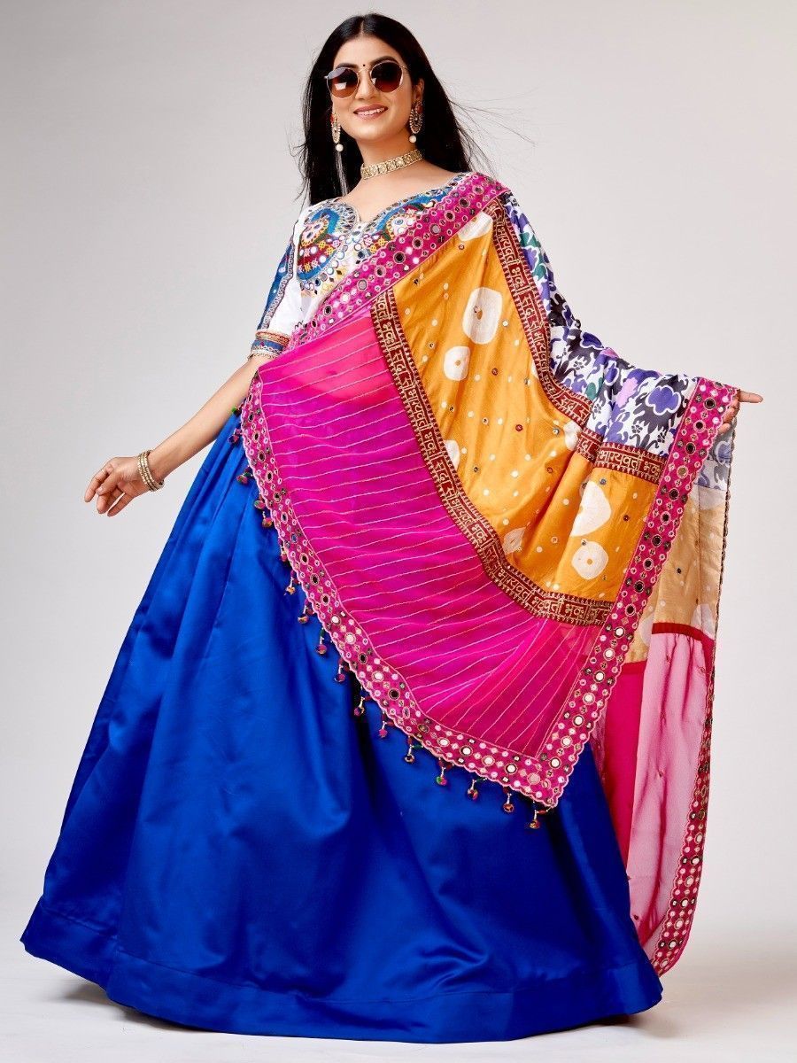 Awesome Blue Mirror Work Silk Navratri Wear Lehenga Choli With Dupatta