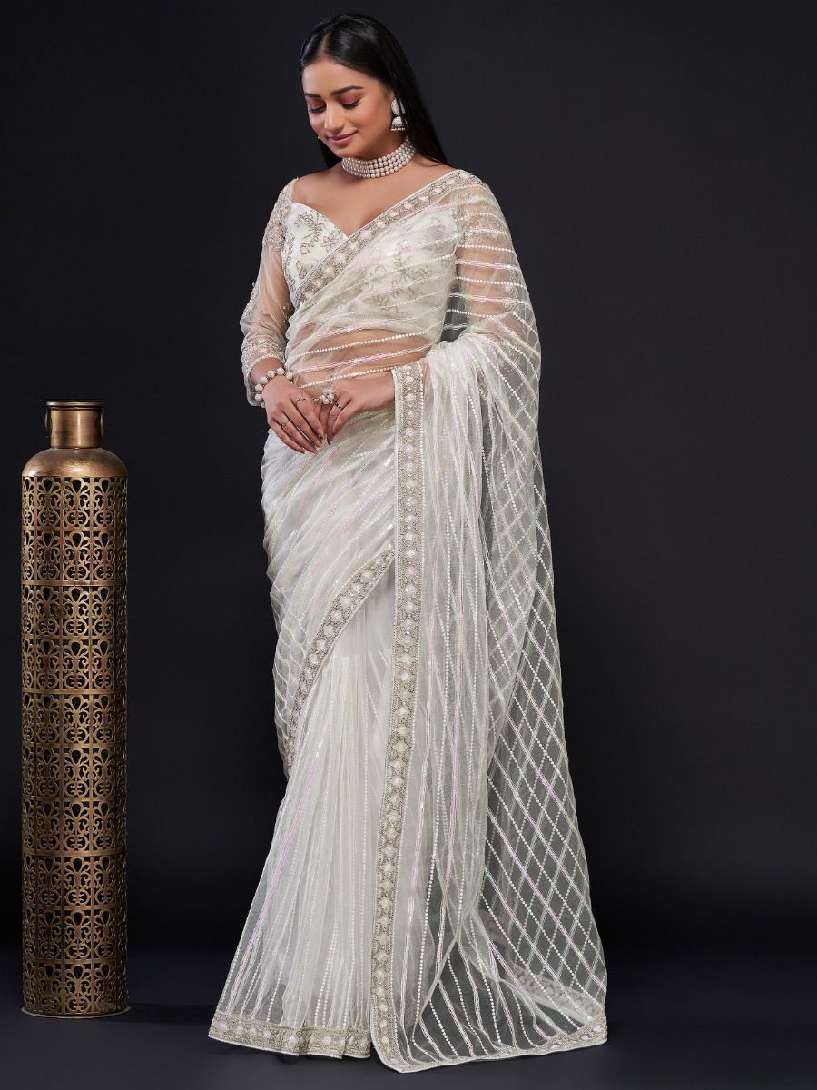 Off White with Heavy Blouse Designer Saree for Wedding Party-sgquangbinhtourist.com.vn