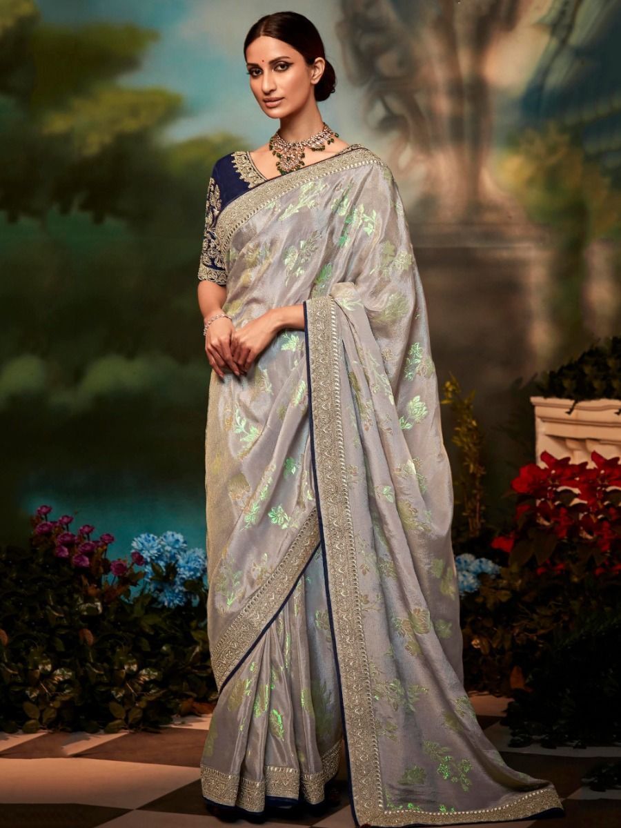 Gorgeous Grey Weaving Silk Embroidered Saree With Blouse