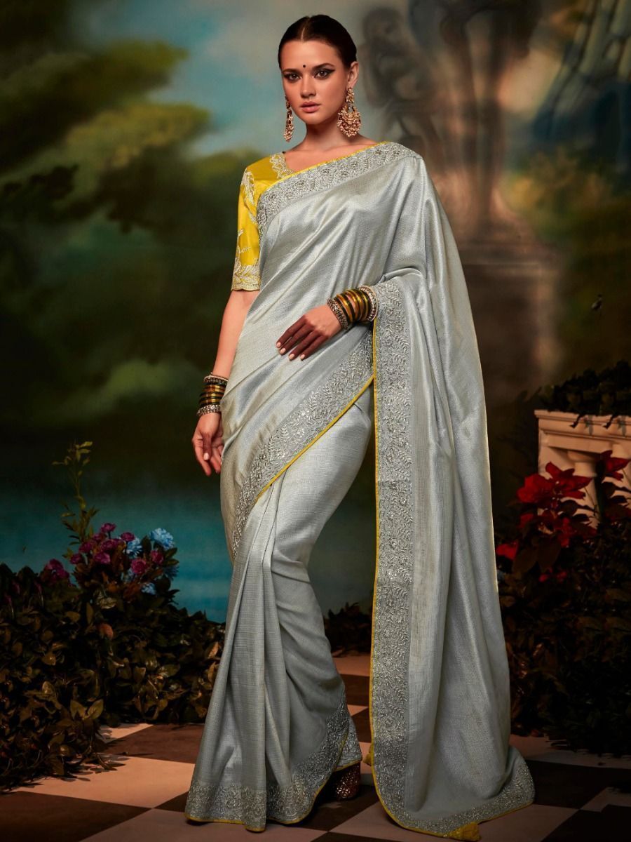 Incredible Grey Zari Weaving Silk Wedding Wear Saree
