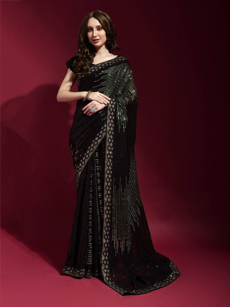 Adorable Black Georgette Stylish Light Green Sequins Work Fancy Kitty Party Wear Saree