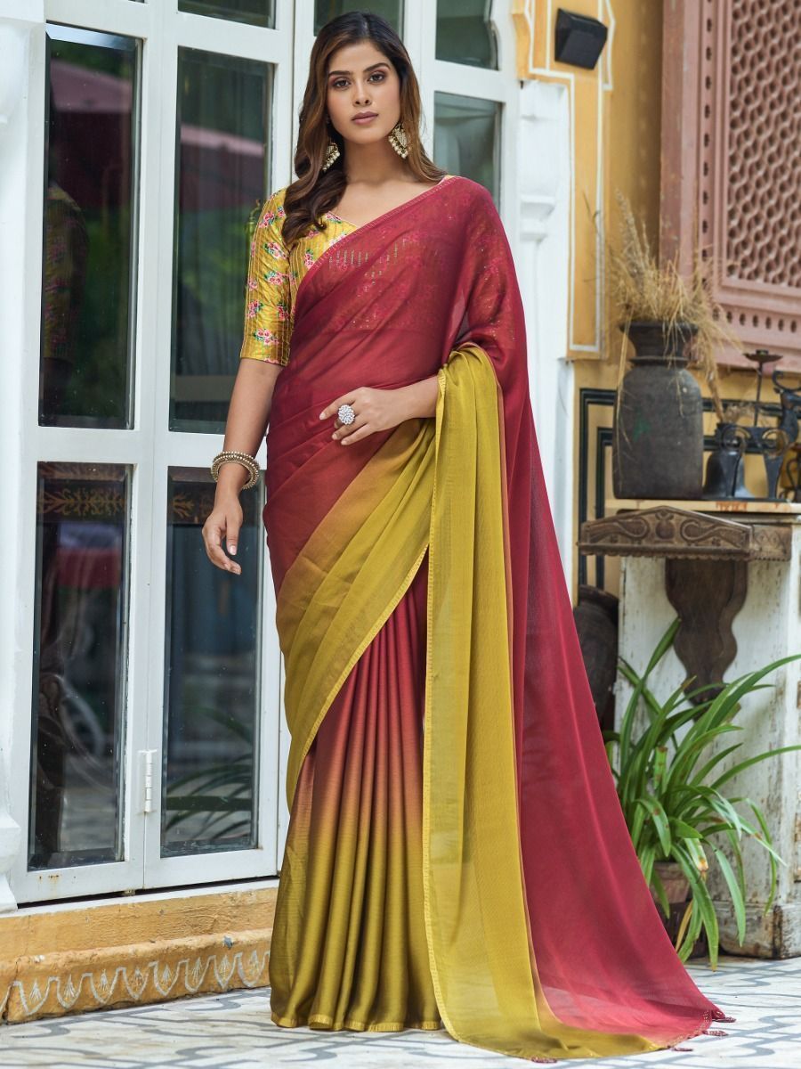 Alluring Maroon And Yellow Satin Saree With Embroidered Blouse